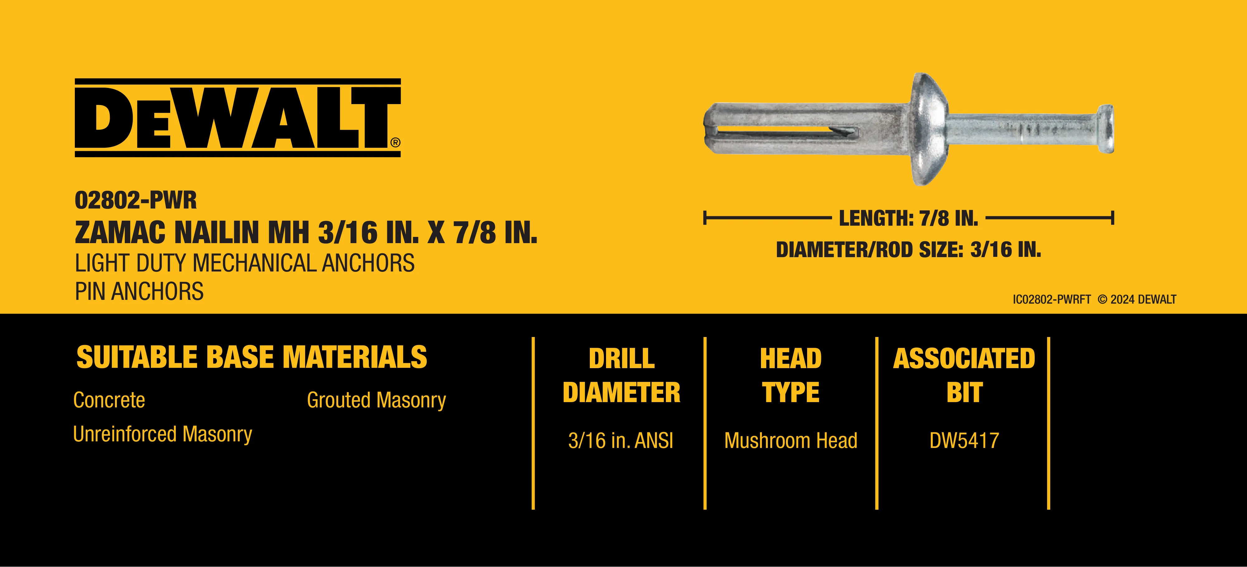 DEWALT BY POWERS ZAMAC NAILIN MH 3/16 X 7/8 - Ace Tool Group - DeWalt