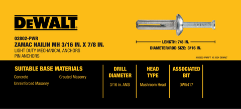 DEWALT BY POWERS ZAMAC NAILIN MH 3/16 X 7/8 - Ace Tool Group - DeWalt