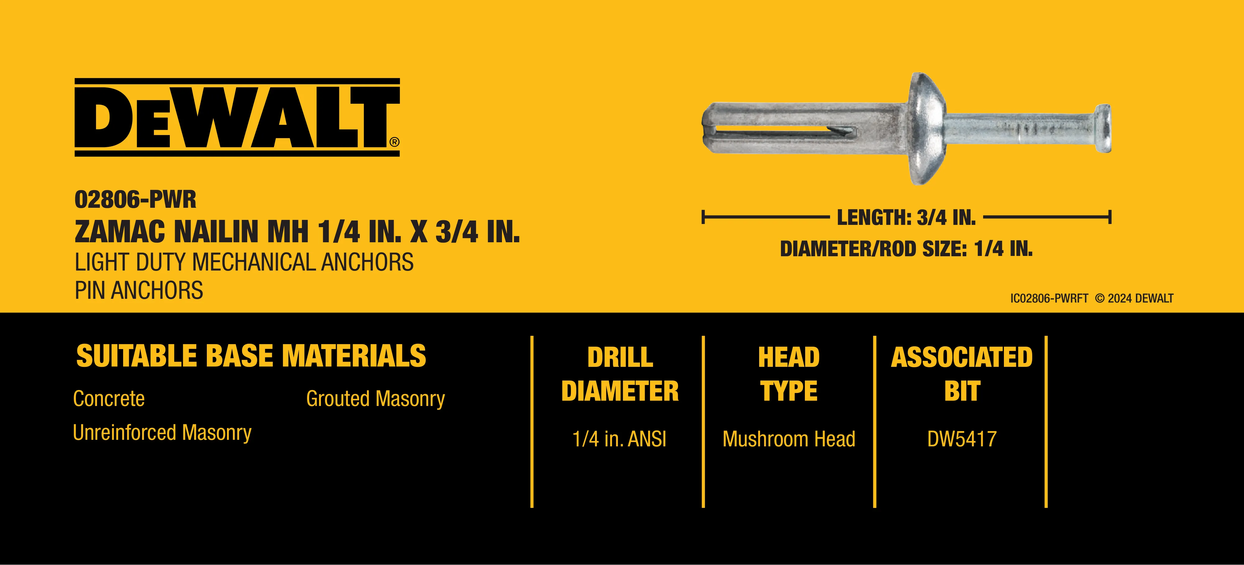 DEWALT BY POWERS ZAMAC NAILIN MH 1/4 X 3/4 - Ace Tool Group - DeWalt