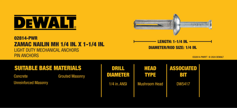 DEWALT BY POWERS ZAMAC NAILIN MH 1/4 X 1 1/4 - Ace Tool Group - DeWalt
