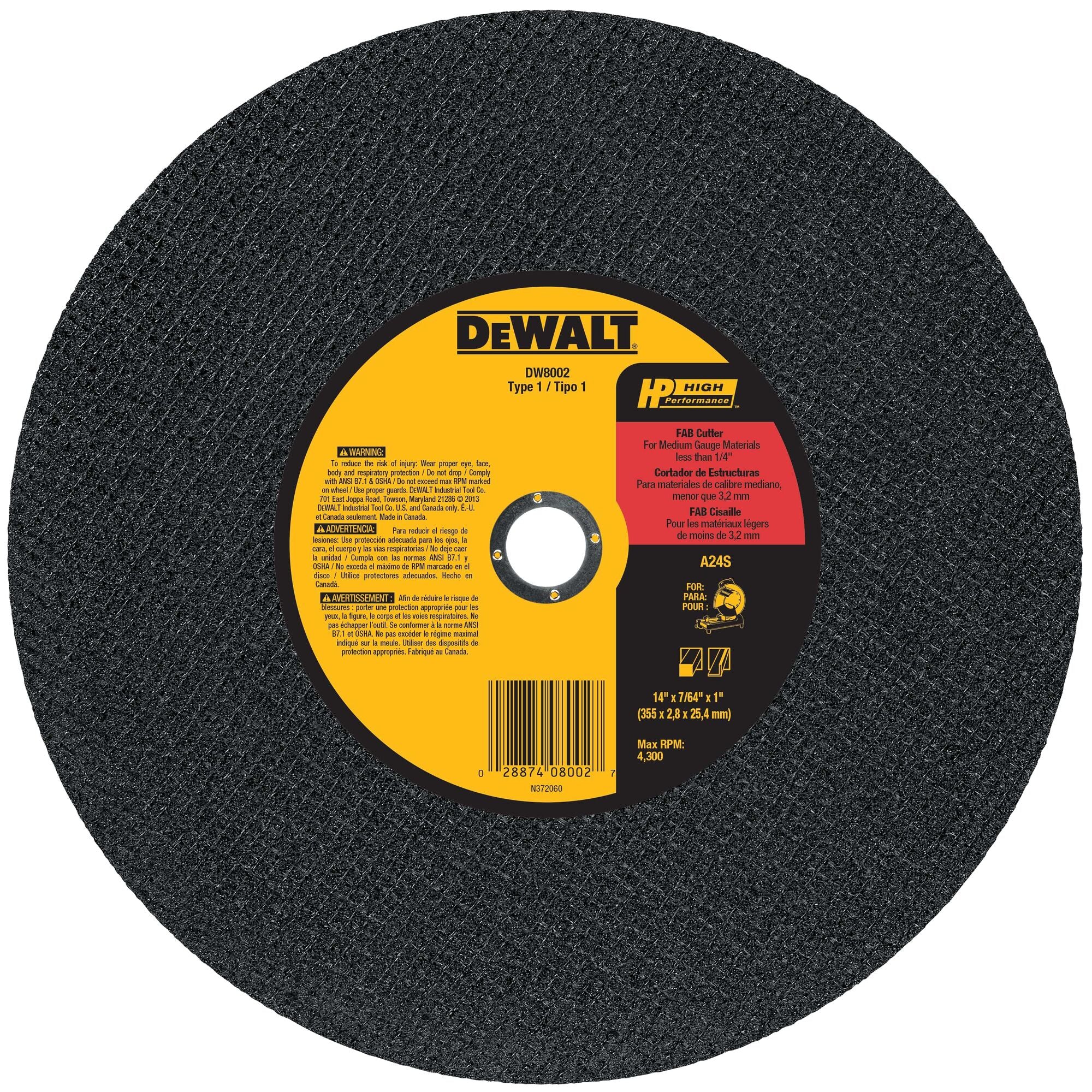 DEWALT DW8002  Z - 14"x 7/64" x 1" Metal Cutting Chop Saw Wheels Type 1 - Ace Tool Group - DeWalt