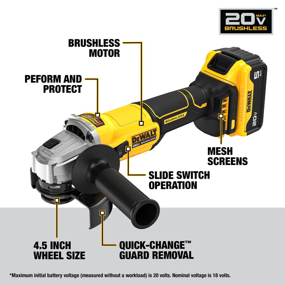 DEWALT DCG407P1 20V MAX* Brushless Cordless 4-1/2 in. Slide-Switch Grinder Kit - Ace Tool Group - DeWalt
