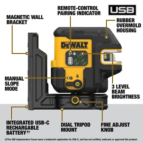 DeWalt DCLE14221G USB Rechargeable Green 2 Spot and Cross Line Laser Kit - Ace Tool Group - DeWalt