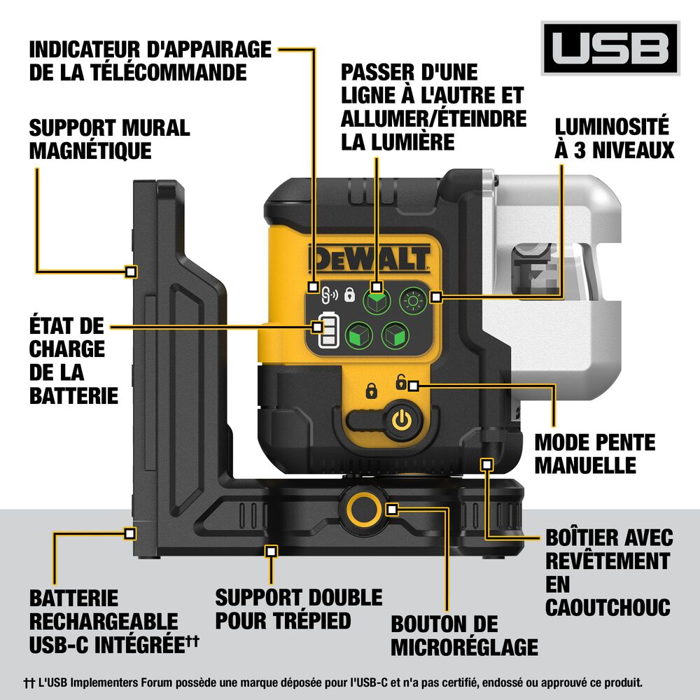 DeWalt DCLE14301G USB Rechargeable Green 3X180° Line Laser Base Kit - Ace Tool Group - DeWalt