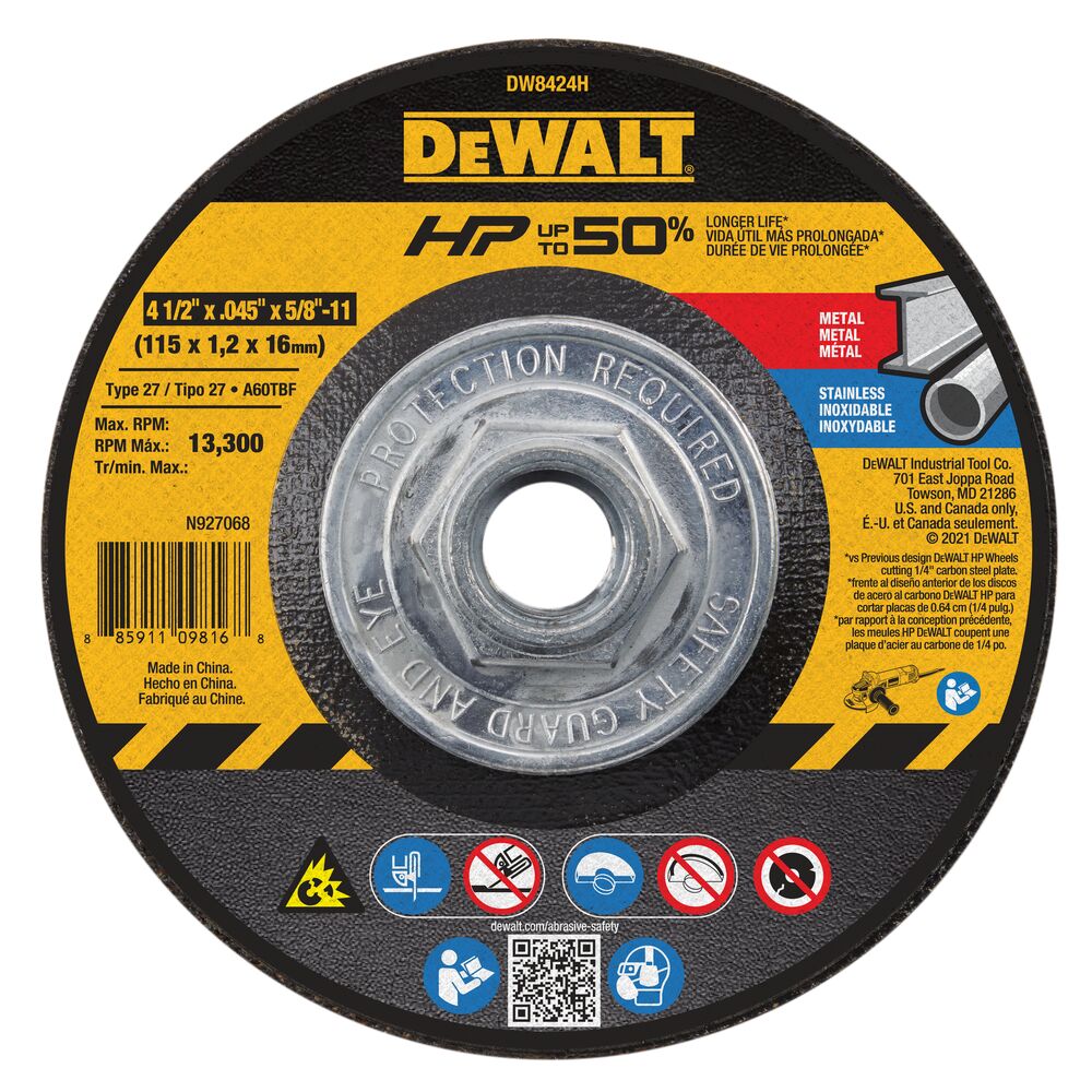 DEWALT DW8424H - 4-1/2 x .045 x 5/8-11 HP T27 Cutting (10 Pack) - Ace Tool Group - DeWalt