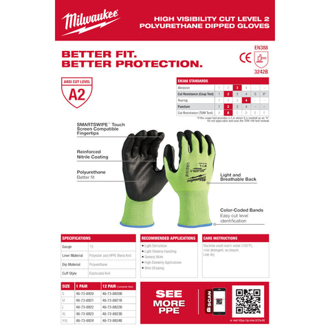 Milwaukee 12 Pack High-Visibility Cut Level 2 Polyurethane Dipped Gloves - Ace Tool Group - Milwaukee