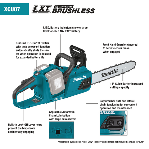 Makita XCU07PT 18V X2 Cordless 14 in. Chainsaw Kit - Ace Tool Group - Makita