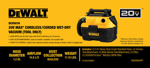 Dewalt Dcv581H 18 And 20V Max Acdc Wet Dry Vac - Ace Tool Group - DeWalt