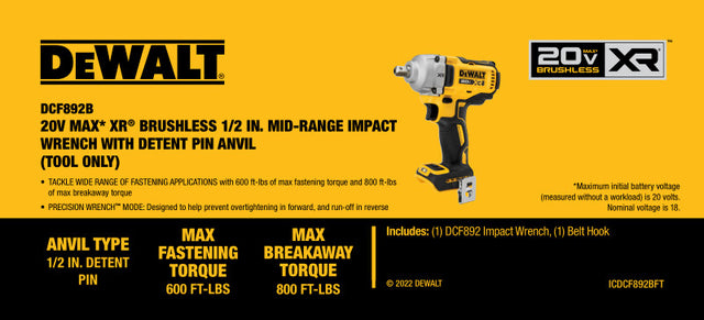 Home / Dewalt Dcf892B 20V Max Xr 1/2 In. Mid-Range Impact Wrench With ...