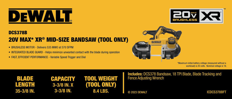 DeWalt DCS378B 20V XR Mid-Sized Band Saw - Ace Tool Group - DeWalt