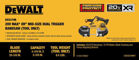 DeWalt DCS379B 20V MAX* XR Mid-Size Bandsaw - Ace Tool Group - DeWalt