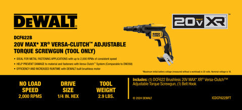 Dewalt Dcf622B 20V Versa-Clutch Torque Screwgun - Ace Tool Group - DeWalt