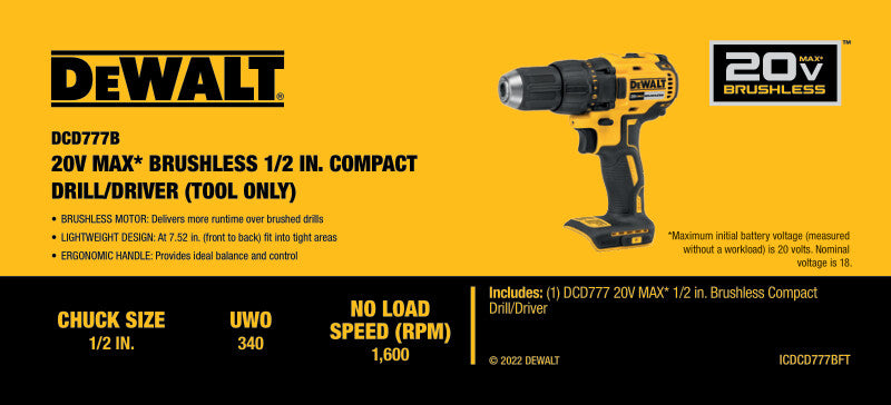 Dewalt Dcd777B 20V Max Compact Brshls Drill/Drive - Ace Tool Group - DeWalt