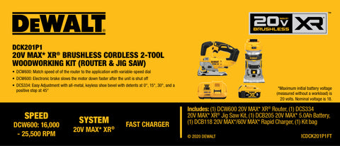 Dewalt Dck201P1 20V Max Xr 2-Kit (Router/Jig Saw) - Ace Tool Group - DeWalt