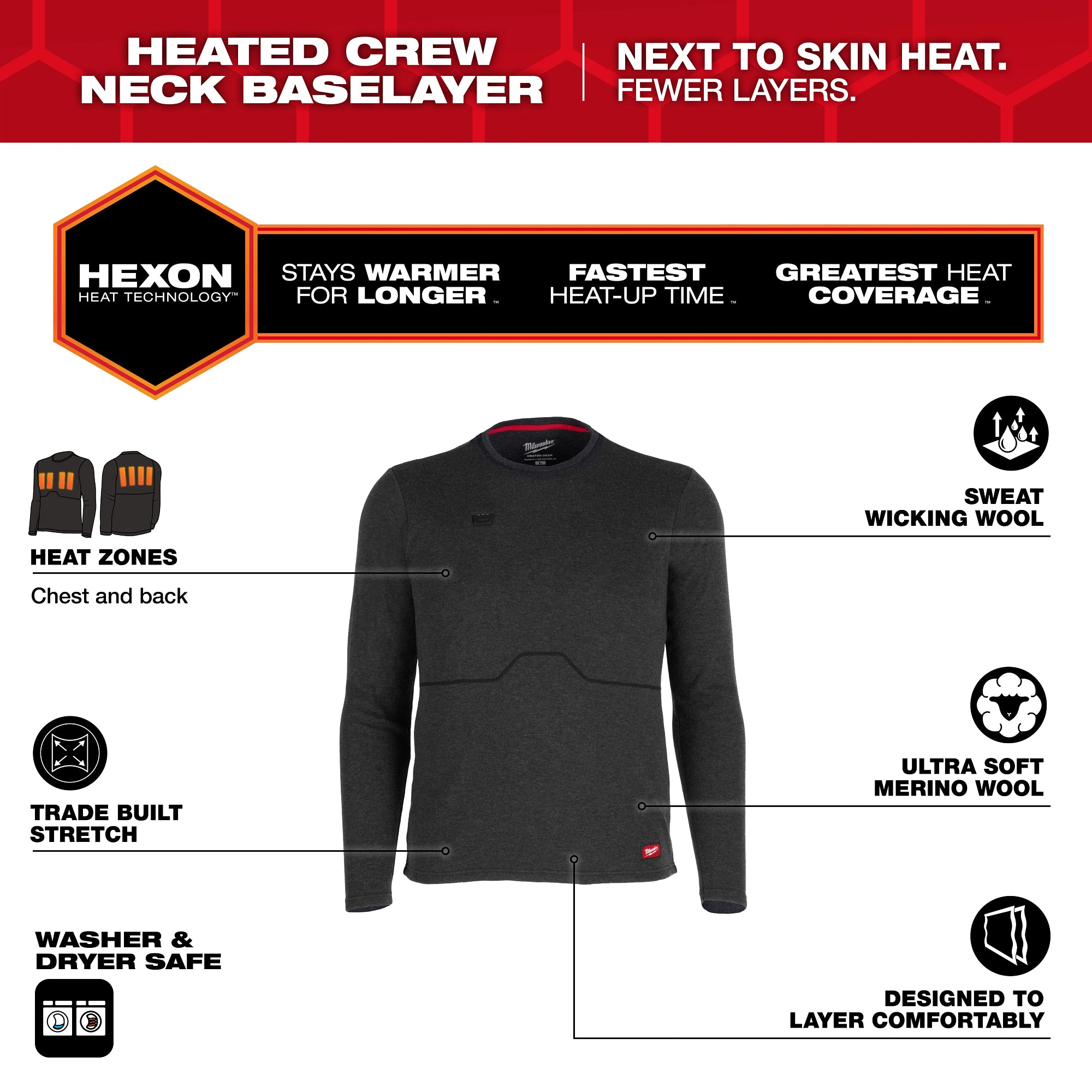 Milwaukee M500B-213X Milwaukee® Heated Merino Wool Crew Neck Baselayer