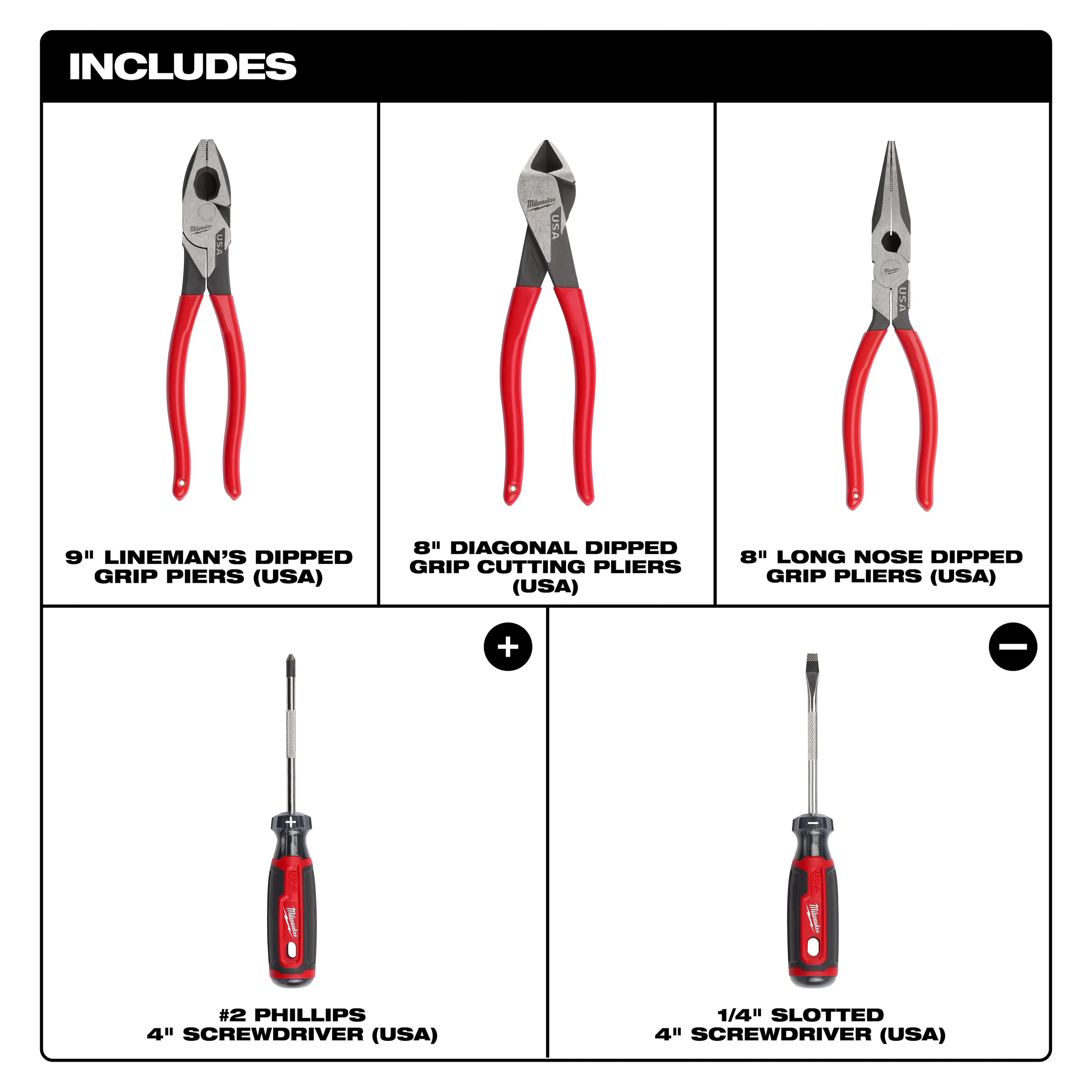 Milwaukee MT500 - 5PC Dipped Grip Cutting Pliers & Cushion Grip Screwdrivers Set (USA) - Ace Tool Group - Milwaukee