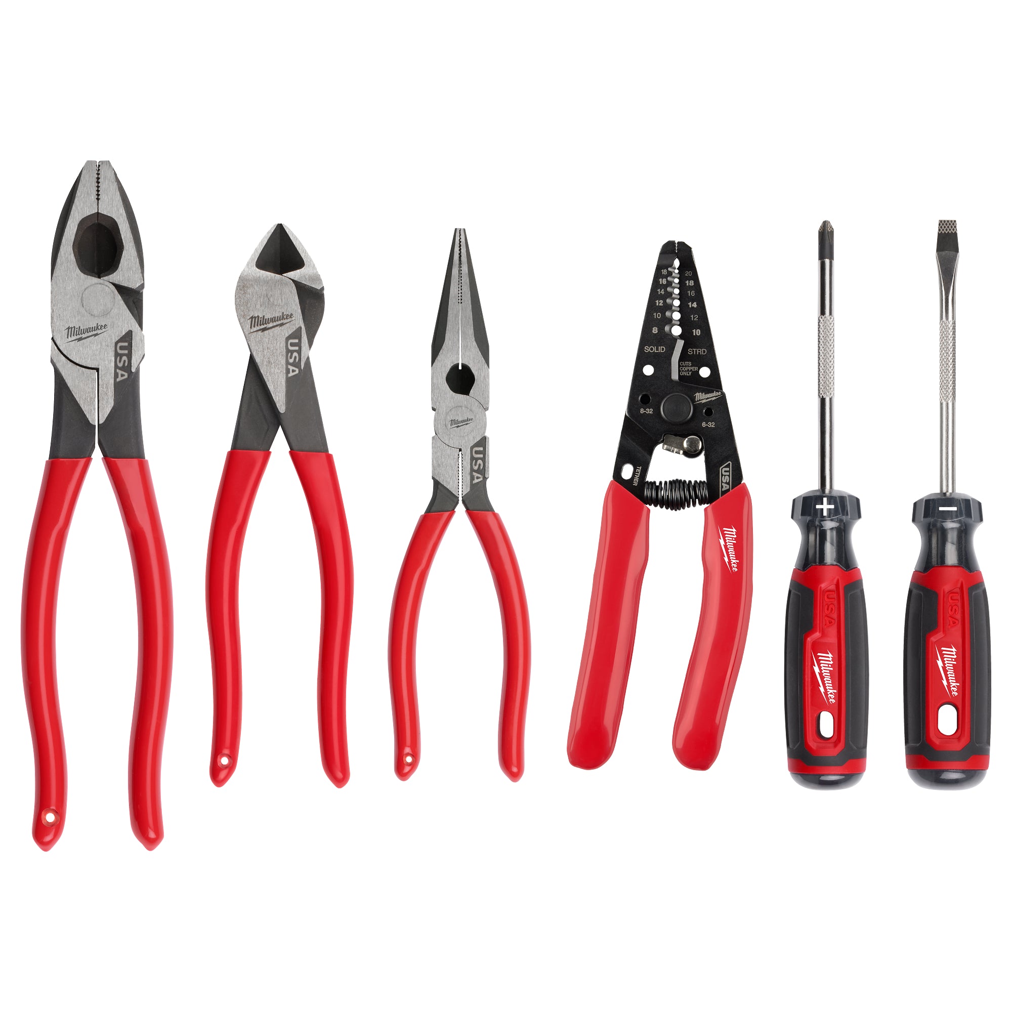 Milwaukee MT500-6 6 PC. Dipped Grip Cutting Pliers, Wire Stripper, & Cushion Grip Screwdrivers Set (USA) - Ace Tool Group - Milwaukee Tool