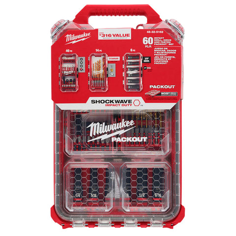 Milwaukee 48-32-5162 SHOCKWAVE Impact Drill Drive & Fasten PACKOUT Set - 60 PC - Ace Tool Group - Milwaukee