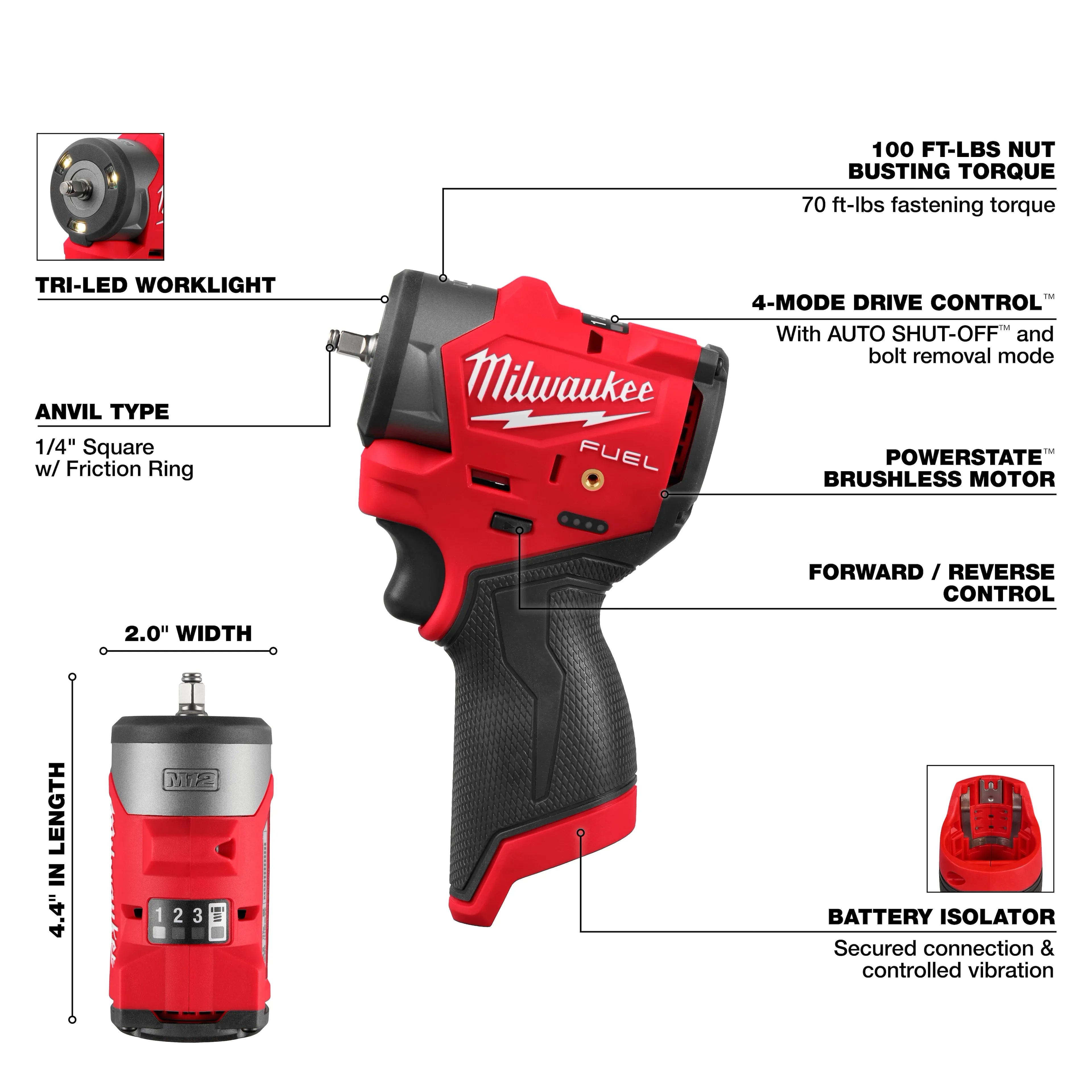 Milwaukee 3048-20 M12 FUEL 1/4 Inch Subcompact Impact Wrench with Friction Ring (Bare Tool) - Ace Tool Group - Milwaukee