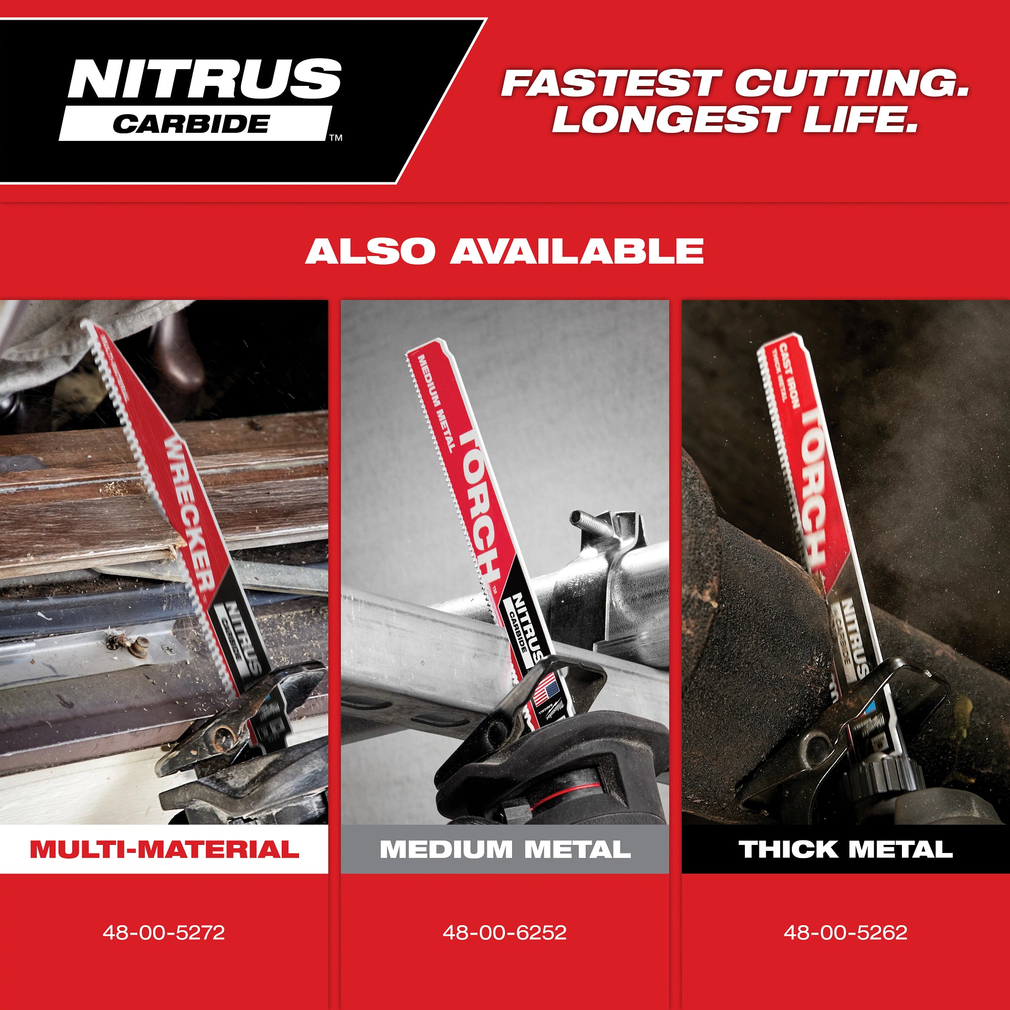 Milwaukee 48-00-7353 12" 5 TPI AX™ w/NITRUS™ Carbide Teeth SAWZALL® Blade for Wood with Nails 3PK - Ace Tool Group - Milwaukee Tool
