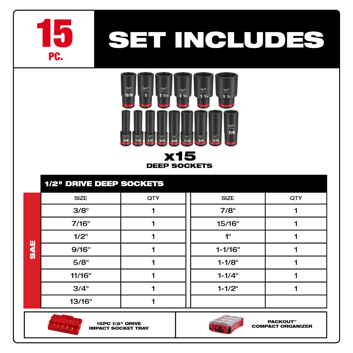 Milwaukee 49-66-6802 SHOCKWAVE Impact Duty Socket 1/2" Dr 15PC SAE PACKOUT  Set - Ace Tool Group - Milwaukee