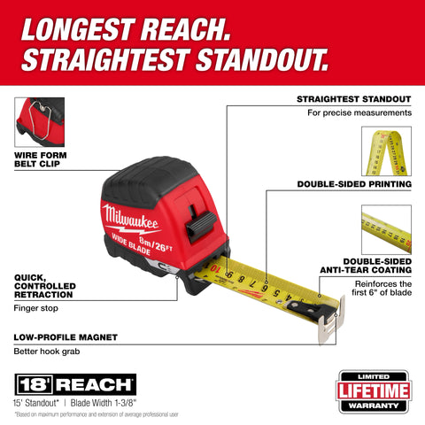Milwaukee 48-22-1226M 8m/26ft Wide Blade Magnetic Tape Measure 6 Pack - Ace Tool Group - Milwaukee