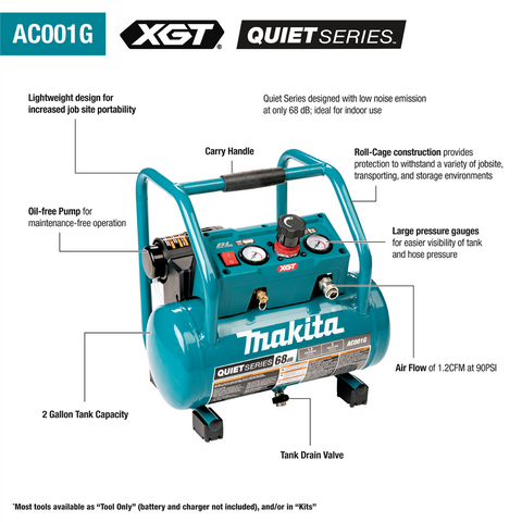40V max XGT Brushless Cordless 2 Gallon Quiet Series Compressor Kit (4.0Ah) - Ace Tool Group - Makita