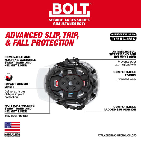 Milwaukee 48-73-1368 BOLT Blue Front Brim Vented Safety Helmet with IMPACT ARMOR Liner (USA) - Type 2, Class C - Ace Tool Group - Milwaukee