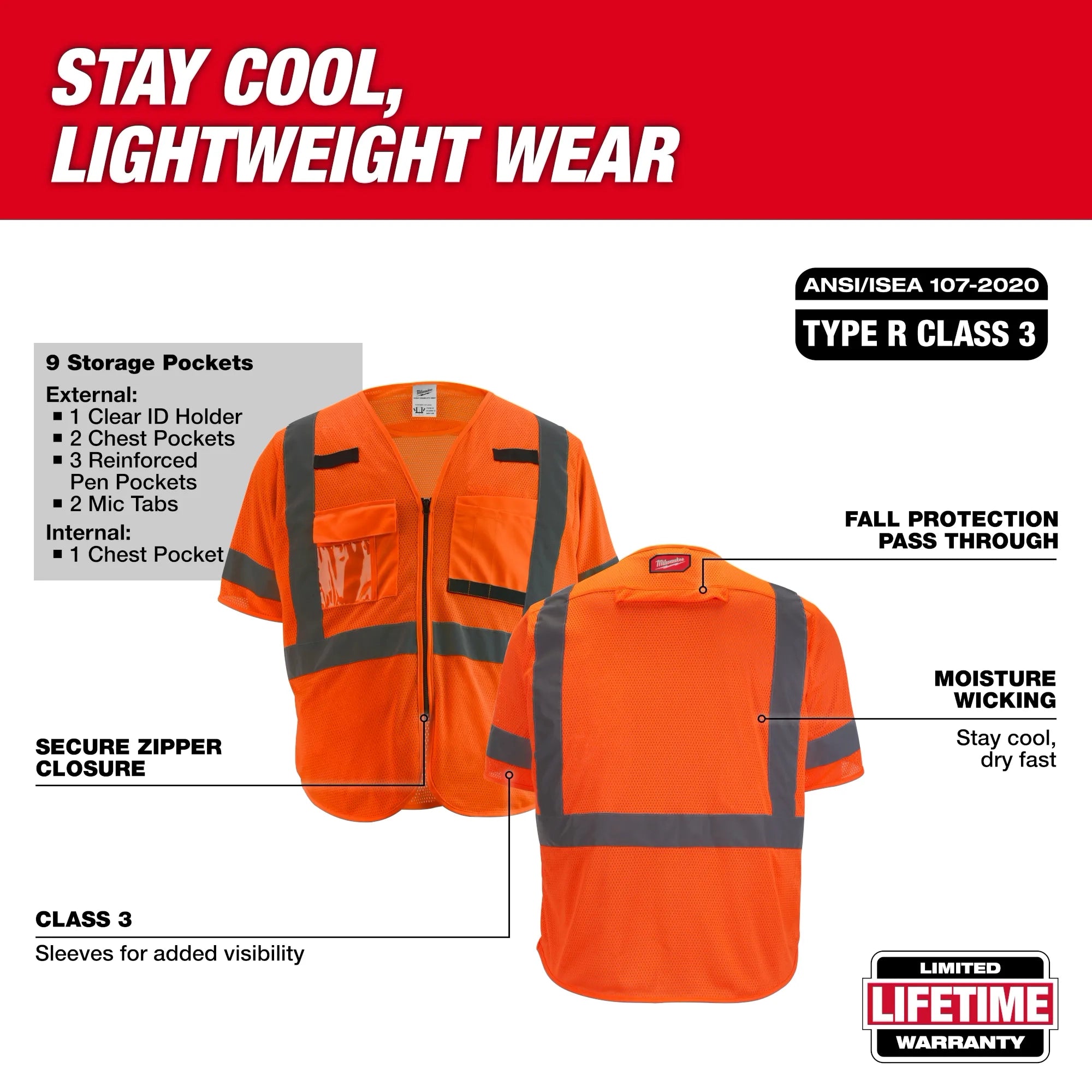Milwaukee 48-73-5135 Class 3 High Visibility Orange Mesh Safety Vest - 12 Pack
