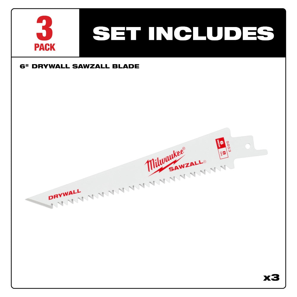 Milwaukee 6 8TPI Drywall SAWZALL Blades (3 pk) - Ace Tool Group - Milwaukee