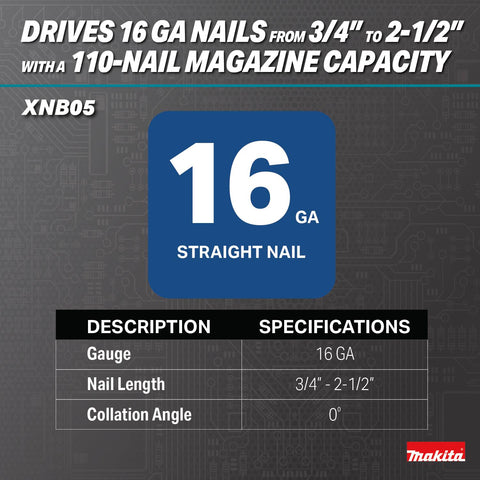 Makita XNB05Z 18V LXT 2-1/2 Straight Finish Nailer - Ace Tool Group - Makita