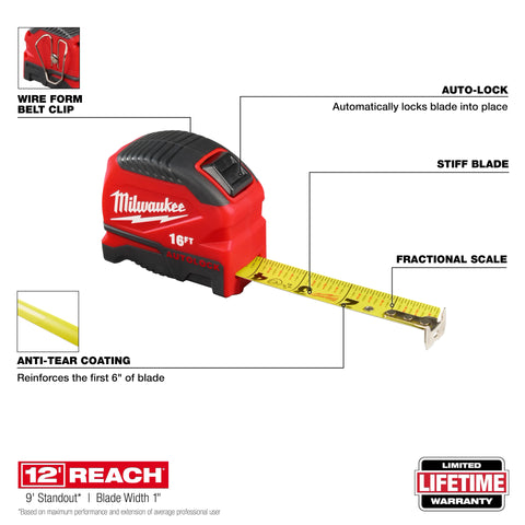 Milwaukee 48-22-1816 16ft Auto-Lock Tape Measure 6 Pack - Ace Tool Group - Milwaukee