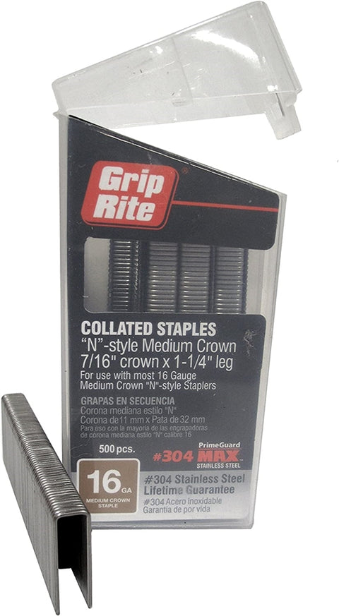 PrimeSource MAXB64890 16-Gauge 7/16" Medium Crown by 1-1/4" 304-Stainless Steel Staples in Belt Clip Box (Pack of 500) - Ace Tool Group - Primesource