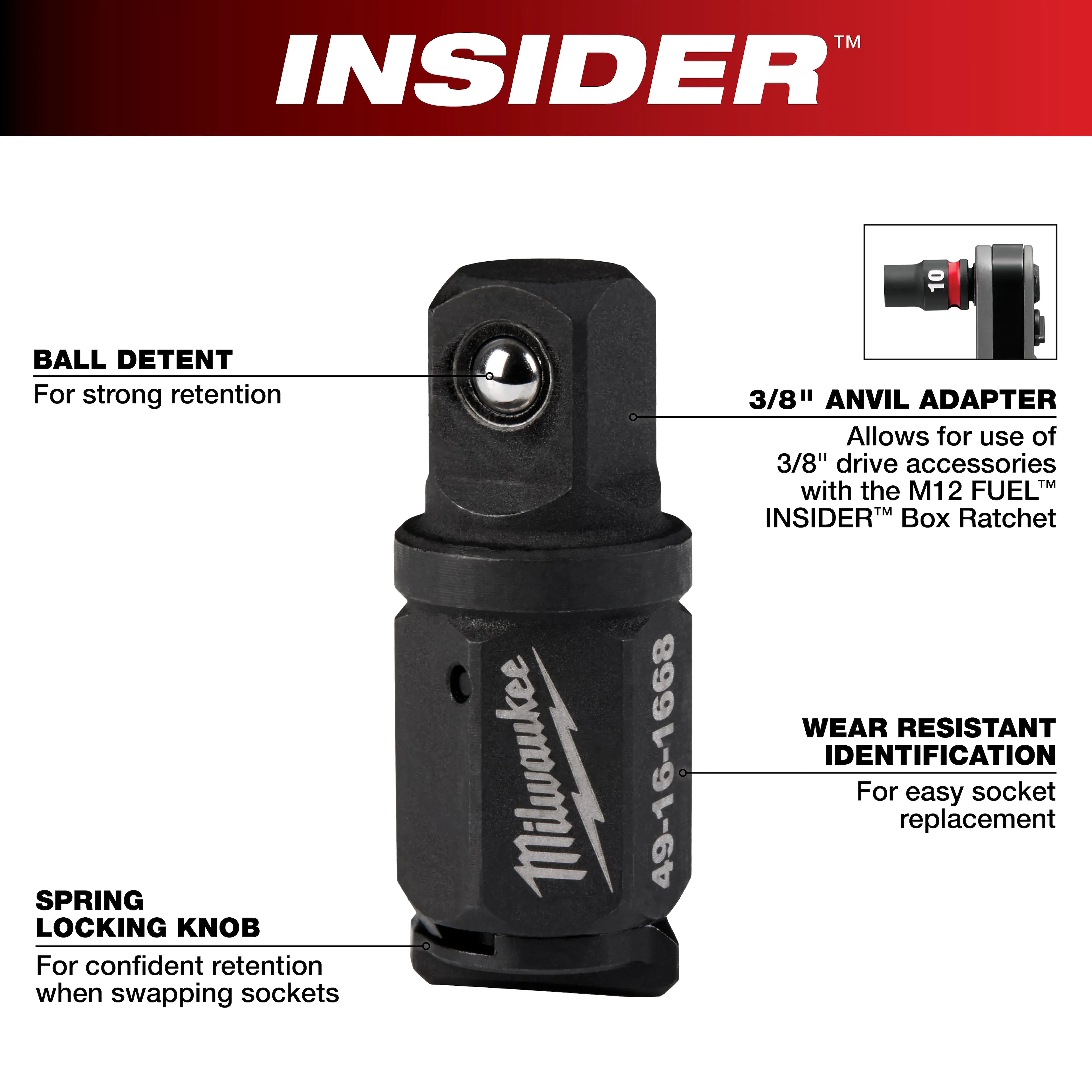 Milwaukee 49-16-1668 INSIDER Box Ratchet 3/8" Anvil Adapter - Ace Tool Group - Milwaukee