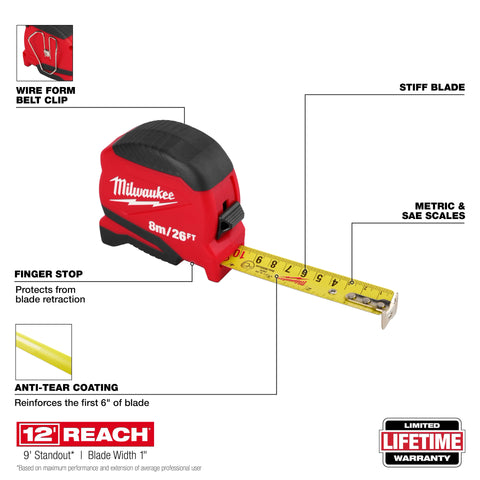 Milwaukee 48-22-1726 8m/26ft Compact Tape Measure 6 Pack - Ace Tool Group - Milwaukee