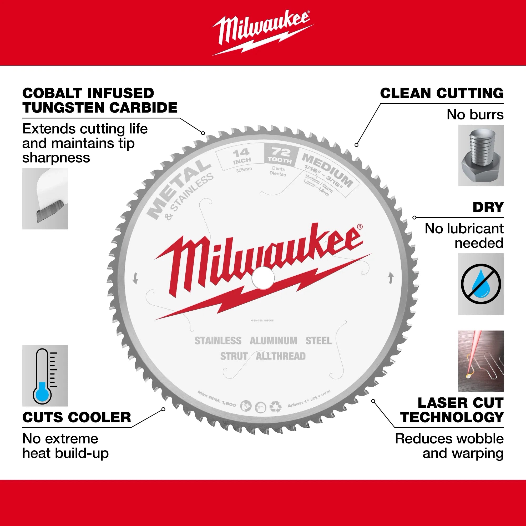 Milwaukee 48-40-4505 14" 72T METAL & STAINLESS CSB, 1" - Ace Tool Group - Milwaukee