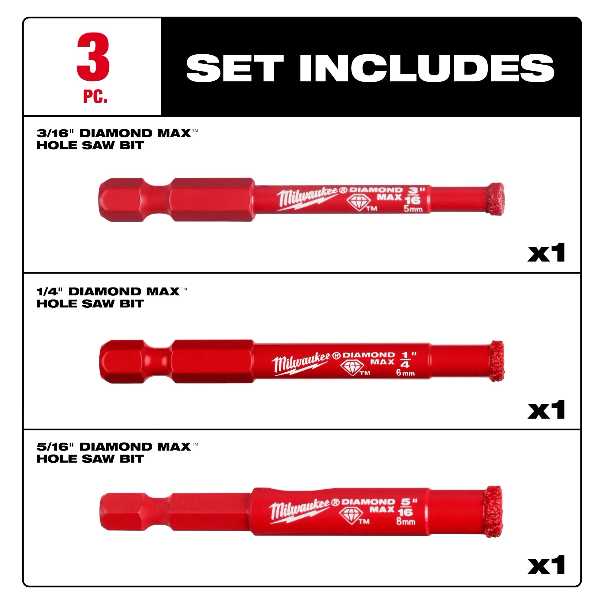Milwaukee 49-56-0500 DIAMOND MAX Diamond Grit Hole Saw 3 PC Set - Ace Tool Group - Milwaukee