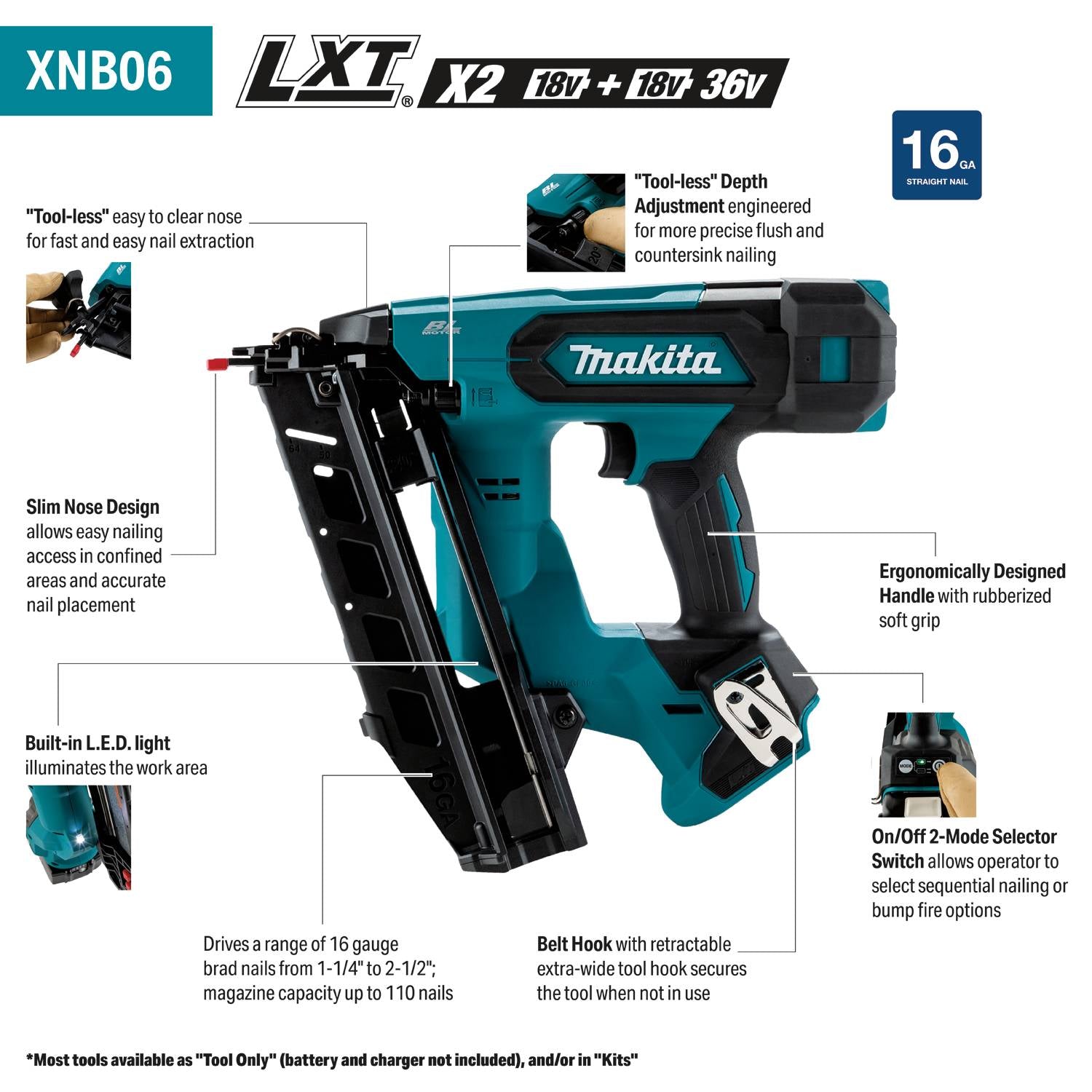 Makita XNB06Z 18V LXT 2-1/2 Angled Finish Nailer - Ace Tool Group - Makita