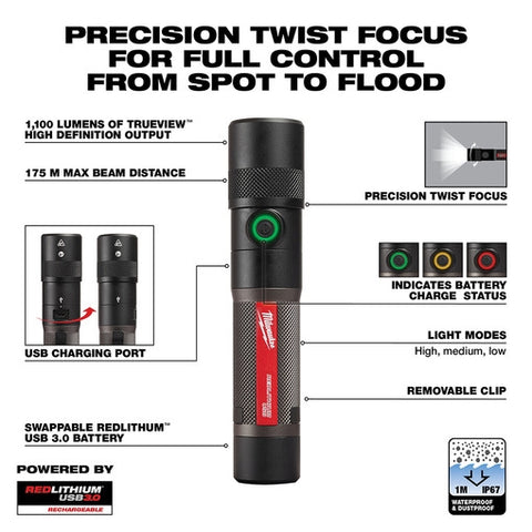 Milwaukee 2161-21 USB 1100L Twist Focus Flashlight - Ace Tool Group - Milwaukee