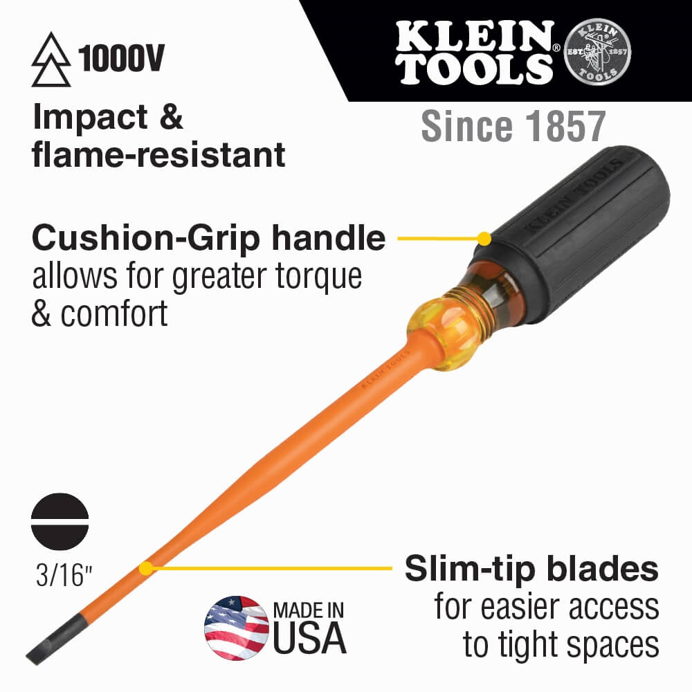 Klein 6916INS Slim-Tip Insulated Screwdriver, 6 in. Shank - Ace Tool Group - Klein