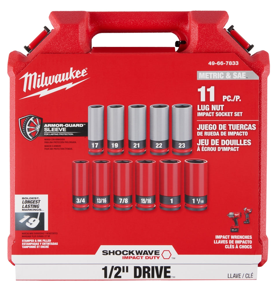 Milwaukee 49-66-7833 SHOCKWAVE Impact Duty 1/2 Drive SAE & Metric 11PC Lug Nut Wheel Socket Set - Ace Tool Group - Milwaukee