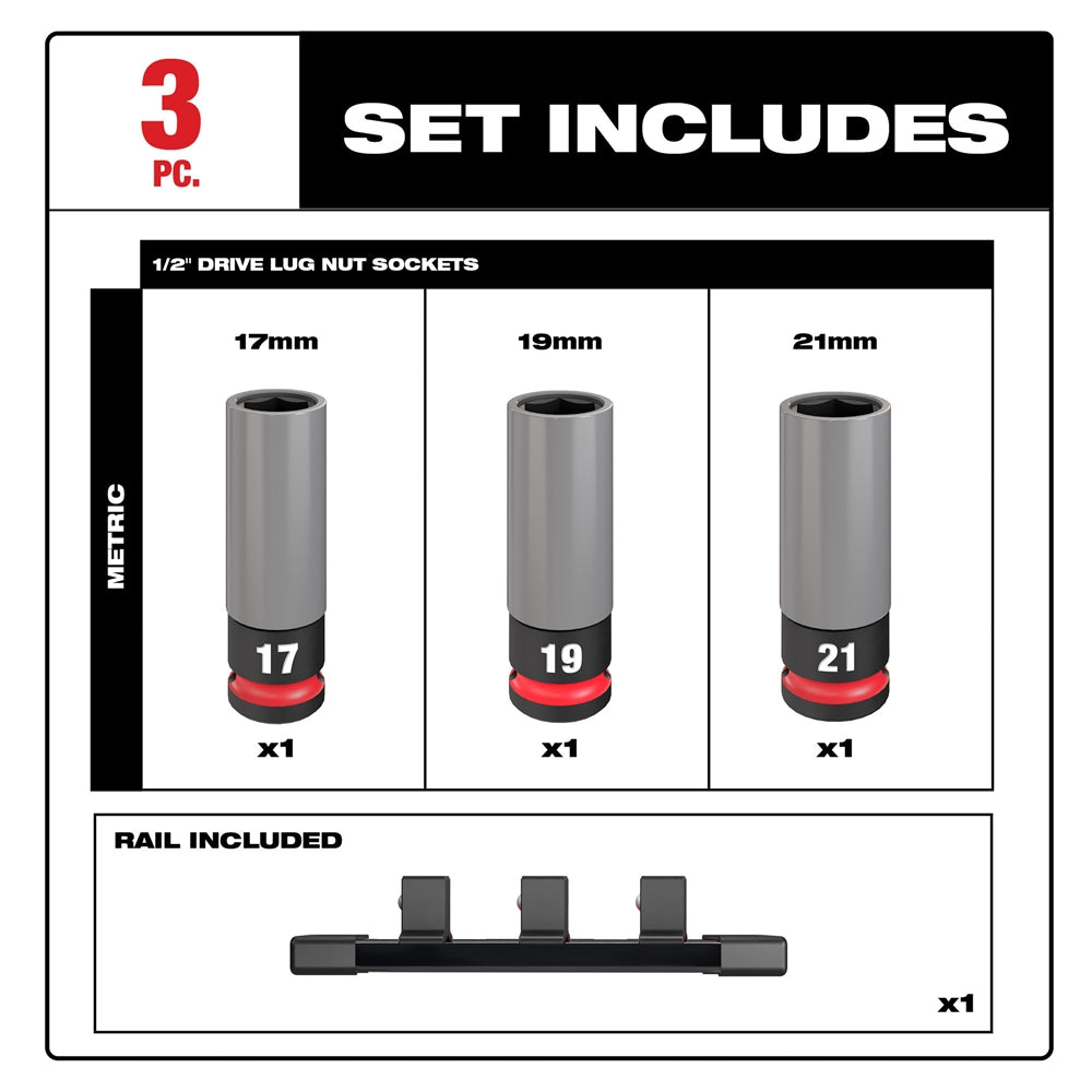 Milwaukee 49-66-7830 SHOCKWAVE Impact Duty 1/2 Drive Metric 3PC Lug Nut Wheel Socket Set - Ace Tool Group - Milwaukee