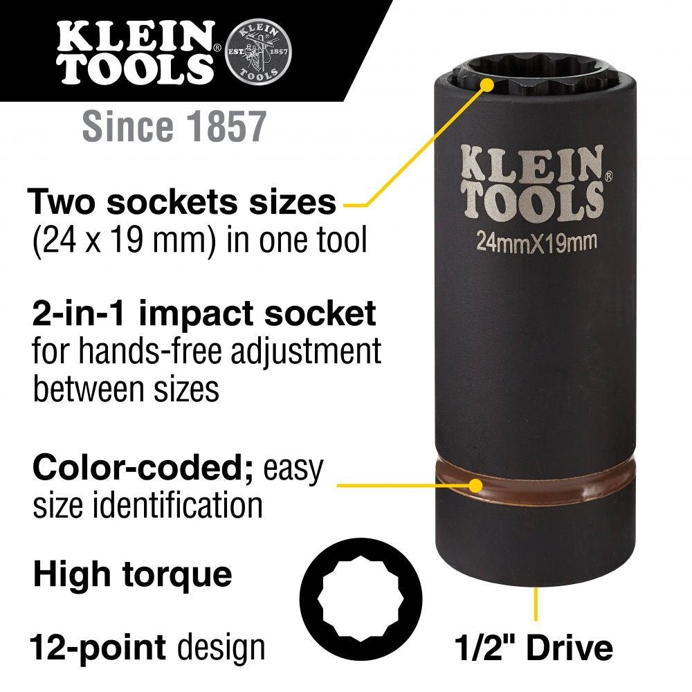 Klein 66052E 2-in-1 Metric Impact Socket, 12, 24 x 19 mm - Ace Tool Group - Klein