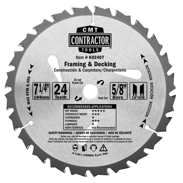 CMT K02408 ITK Contractor Framing/Decking Saw Blade, 8-1/1 X 24 Teeth, 10Á ATB with 5/8-Inch Bore - Ace Tool Group - CMT
