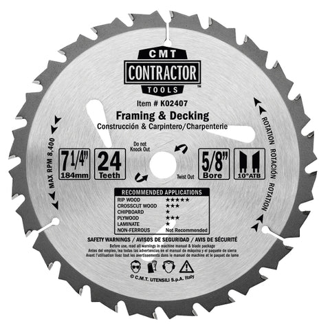 CMT K02406 ITK Contractor Framing/Decking Saw Blade, 6-1/2 X 24 Teeth, 12¼ ATB with 5/8-Inch Bore - Ace Tool Group - CMT