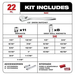 Milwaukee 48-22-9410 22 pc 1/2" Socket Wrench Set - SAE - Ace Tool Group - Milwaukee