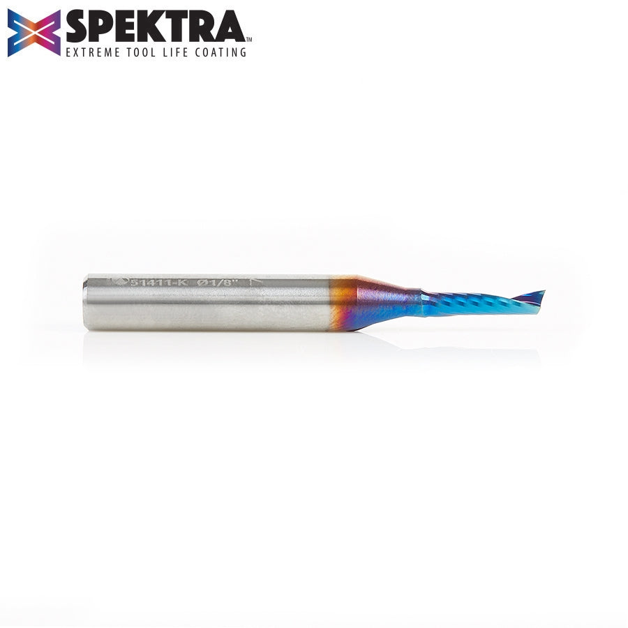 Amana Tool 51411-K Solid Carbide Cnc Spektra Extreme Tool Life Coated Spiral 'O' Flute, Plastic Cutting 1/8 Dia X 1/2 X 1/4 Shank Up-Cut Design Router Bit - Ace Tool Group - Amana Tool