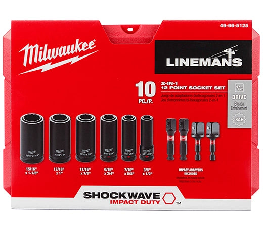 Milwaukee 49-66-5125 Shockwave Lineman's 10PC 2 IN 1 12PT Socket Set - Ace Tool Group - Milwaukee