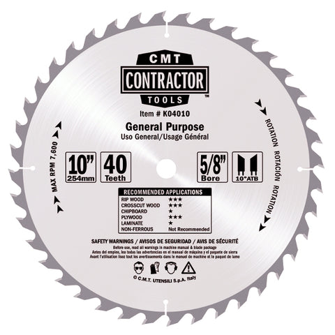 CMT K04010 ITK Contractor General Purpose Saw Blade, 10 x 40 Teeth, 10ï¿½ ATB with 5/8-Inch bore - Ace Tool Group - CMT