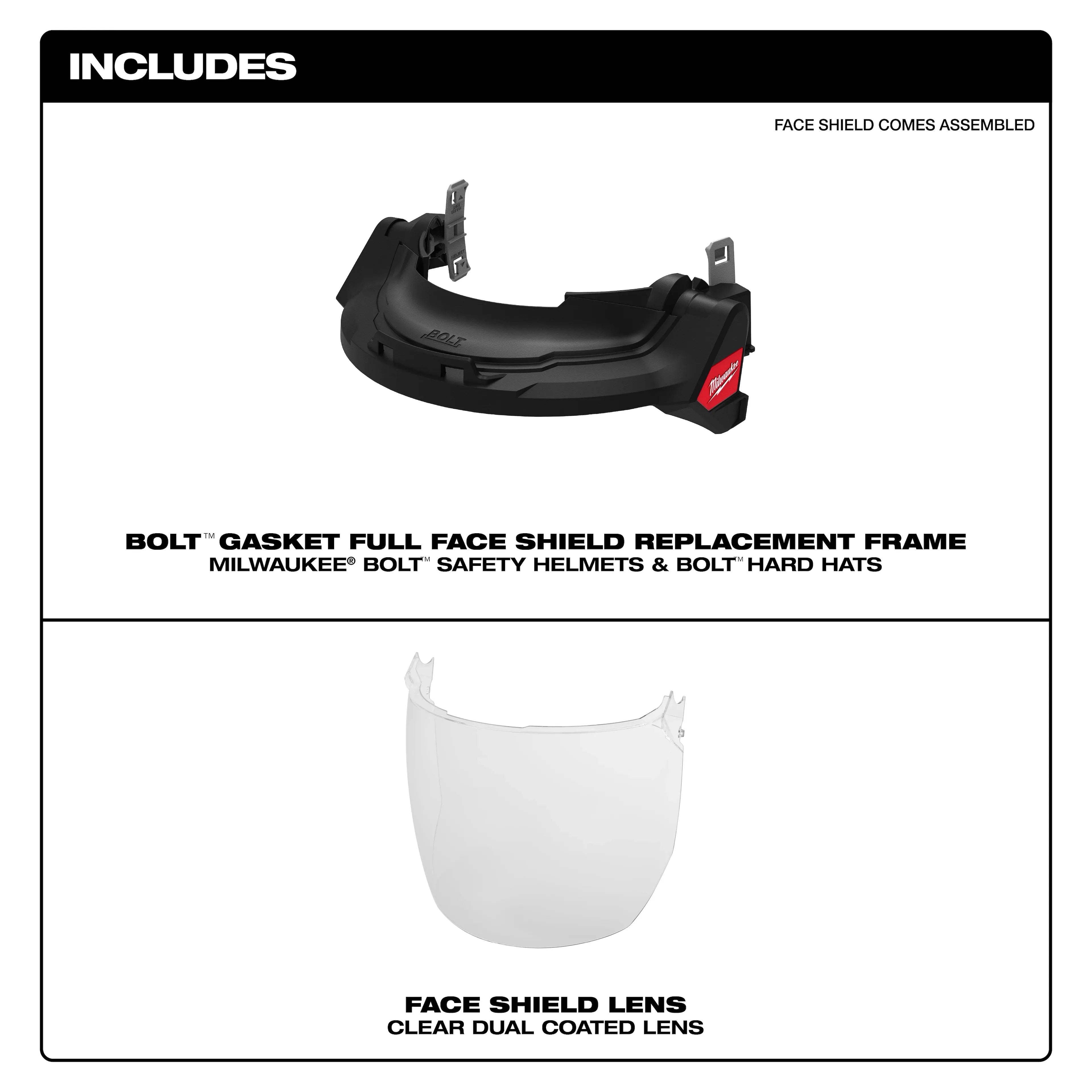 BOLT Gasketed Full Face Shield - Clear Dual Coat Lens (Compatible with Milwaukee 48-73-1422 ® BOLT Safety Helmets & BOLT Hard Hats) - Ace Tool Group - Milwaukee